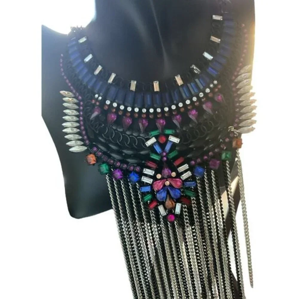 Bold Statement Multicolor Jewel & Chain Fringe Necklace - Picture 1 of 4